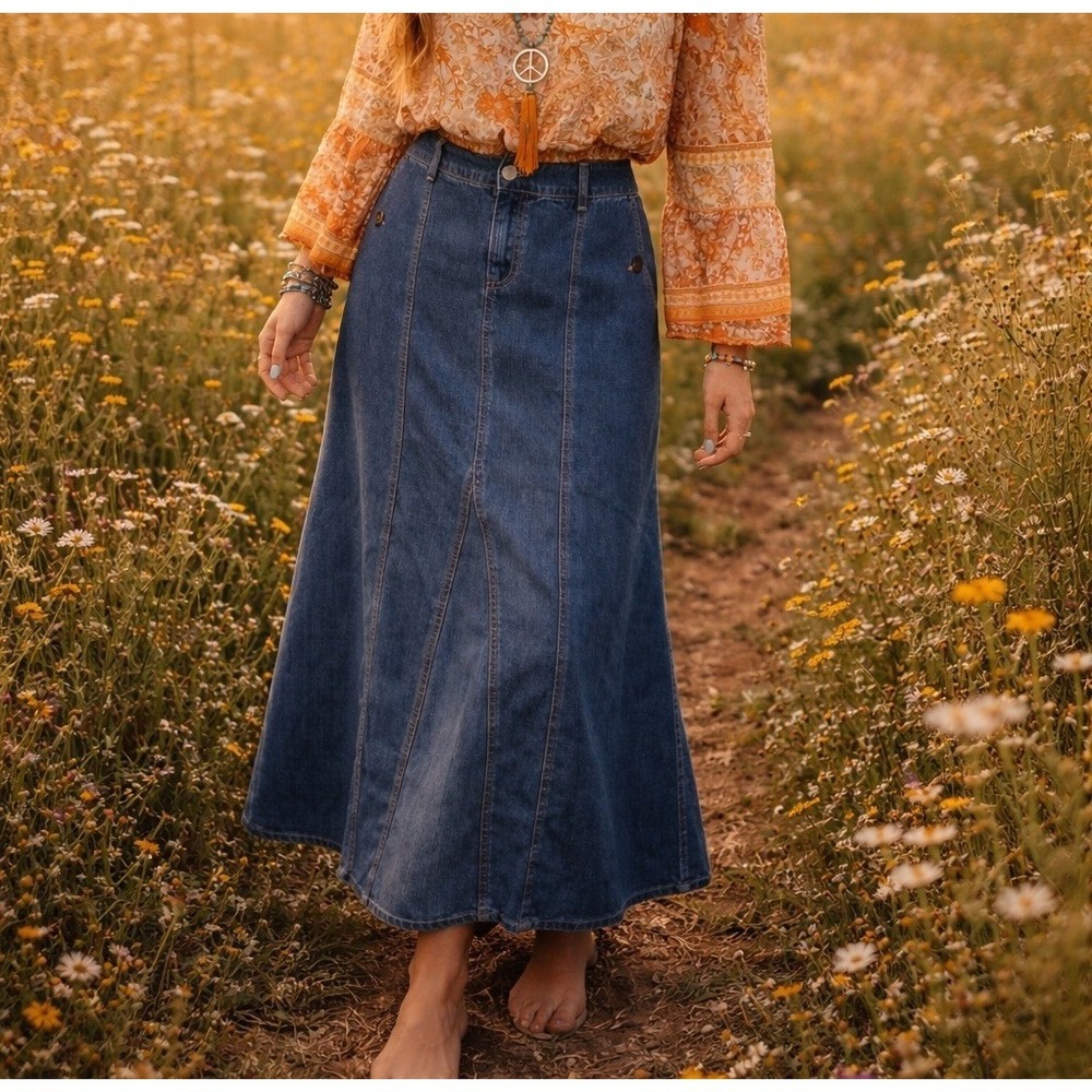 Vtg 2003 Tommy Hilfiger Denim Maxi Skirt Sz 14 Mermaid Twirl Paneled Y2K  Earthy